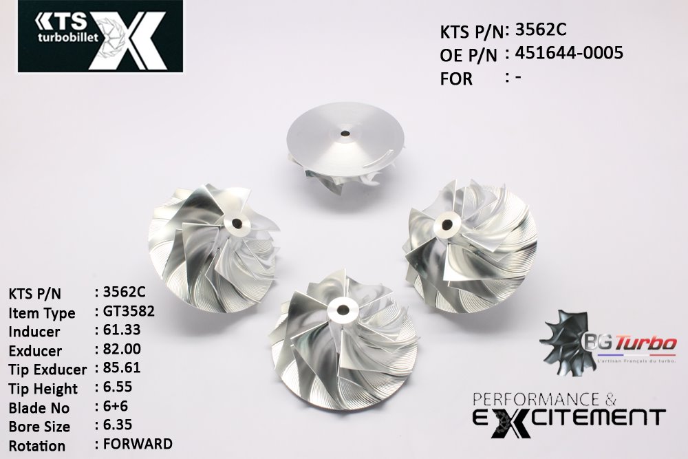 Turbo ROUE FORGÉE MFS PERFORMANCE - 6+6 PALES - INDUCER : 61,33 - EXDUCER : 82 - TYPE : GT3582ANGLE : 60° - ROTATION : Forward - SUPER BACK : 2,35 - BORE SIZE : 6,35
